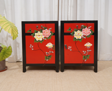 Load image into Gallery viewer, Hand Painted Lotus Red Lacquer Bedside Tables
