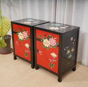 Hand Painted Lotus Red Lacquer Bedside Tables