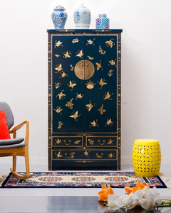 Hand Painted Butterfly Blue 3 Drawers Lacquer Cabinet