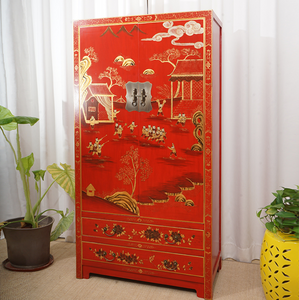 Hand Painted Red Golden Design Lacquer Cabinet