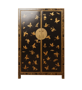 Hand Painted Butterfly Black Golden Lacquer Small Cabinet