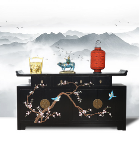 Hand Painted Wintersweet Flowers Black/Yellow/Orange/Blue/Grey Lacquer Sideboard