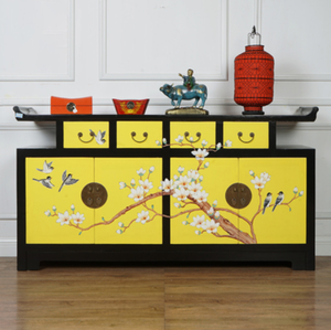 Hand Painted Wintersweet Flowers Black/Yellow/Orange/Blue/Grey Lacquer Sideboard