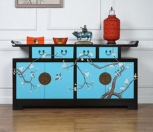 Load image into Gallery viewer, Hand Painted Wintersweet Flowers Black/Yellow/Orange/Blue/Grey Lacquer Sideboard
