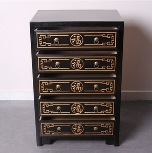 Hand Painted Black Lacquer 5 Drawers Small Cabinet