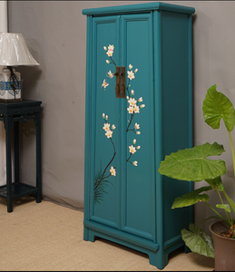 Hand Painted Winter Jasmin Peacock Blue/Red Lacquer Cabinet