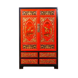 Hand Painted Black Frame Red Golden Lacquer Cabinet