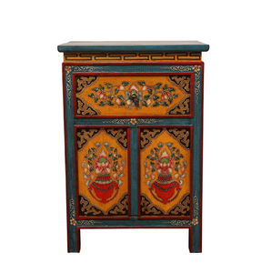 Tibetan Hand Painted Yellow/Green/Blue High Lacquer Bedside Tables