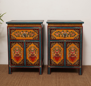 Tibetan Hand Painted Yellow/Green/Blue High Lacquer Bedside Tables