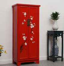 Load image into Gallery viewer, Hand Painted Winter Jasmin Peacock Blue/Red Lacquer Cabinet
