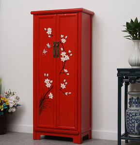 Hand Painted Winter Jasmin Peacock Blue/Red Lacquer Cabinet