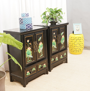 Hand Painted Lotus Black Lacquer Bedside Tables