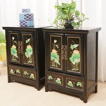 Load image into Gallery viewer, Hand Painted Lotus Black Lacquer Bedside Tables

