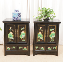 Load image into Gallery viewer, Hand Painted Lotus Black Lacquer Bedside Tables
