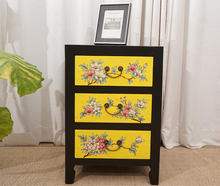 Load image into Gallery viewer, Hand Painted Lotus Black/White/Yellow Lacquer Bedside Tables
