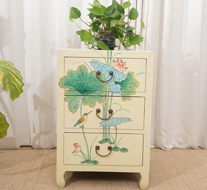 Hand Painted Lotus Black/White/Yellow Lacquer Bedside Tables