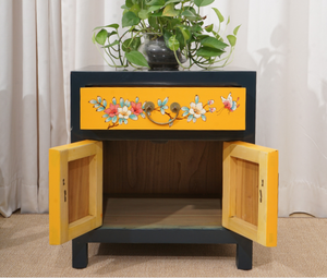 Hand Painted Peony&Cuckoo Yellow Lacquer Bedside Tables