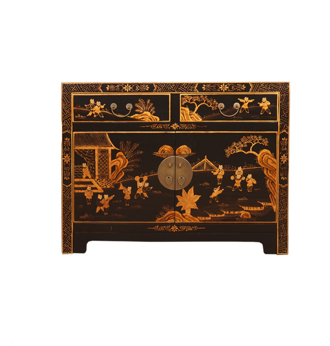 Hand Painted Black Lacquer Small Cabinet