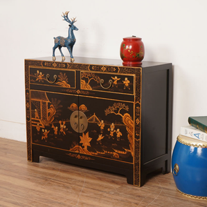 Hand Painted Black Lacquer Small Cabinet