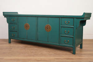 Hand Painted Peacock Blue Lacquer Sideboard