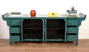 Hand Painted Peacock Blue Lacquer Sideboard