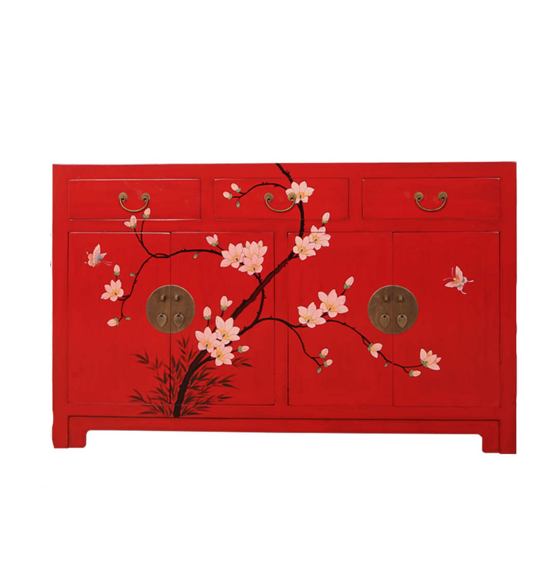 Hand Painted Azalea Red/Green Lacquer Sideboard
