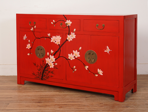 Hand Painted Azalea Red/Green Lacquer Sideboard