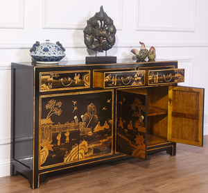 Hand Painted Gold Design Black/Red Lacquer Sideboard