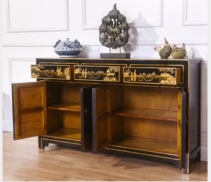 Hand Painted Gold Design Black/Red Lacquer Sideboard
