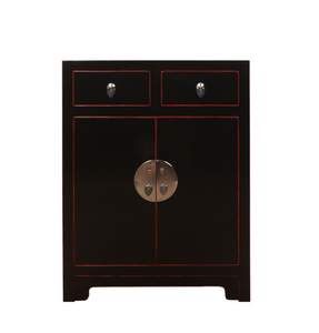 Hand Painted Black Lacquer 2 Drawers 2 Doors Bedside Tables
