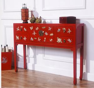 Hand Painted Butterfly and Flower Red Lacquer Console Table