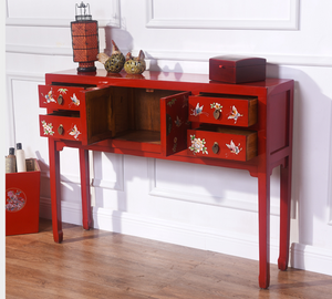 Hand Painted Butterfly and Flower Red Lacquer Console Table