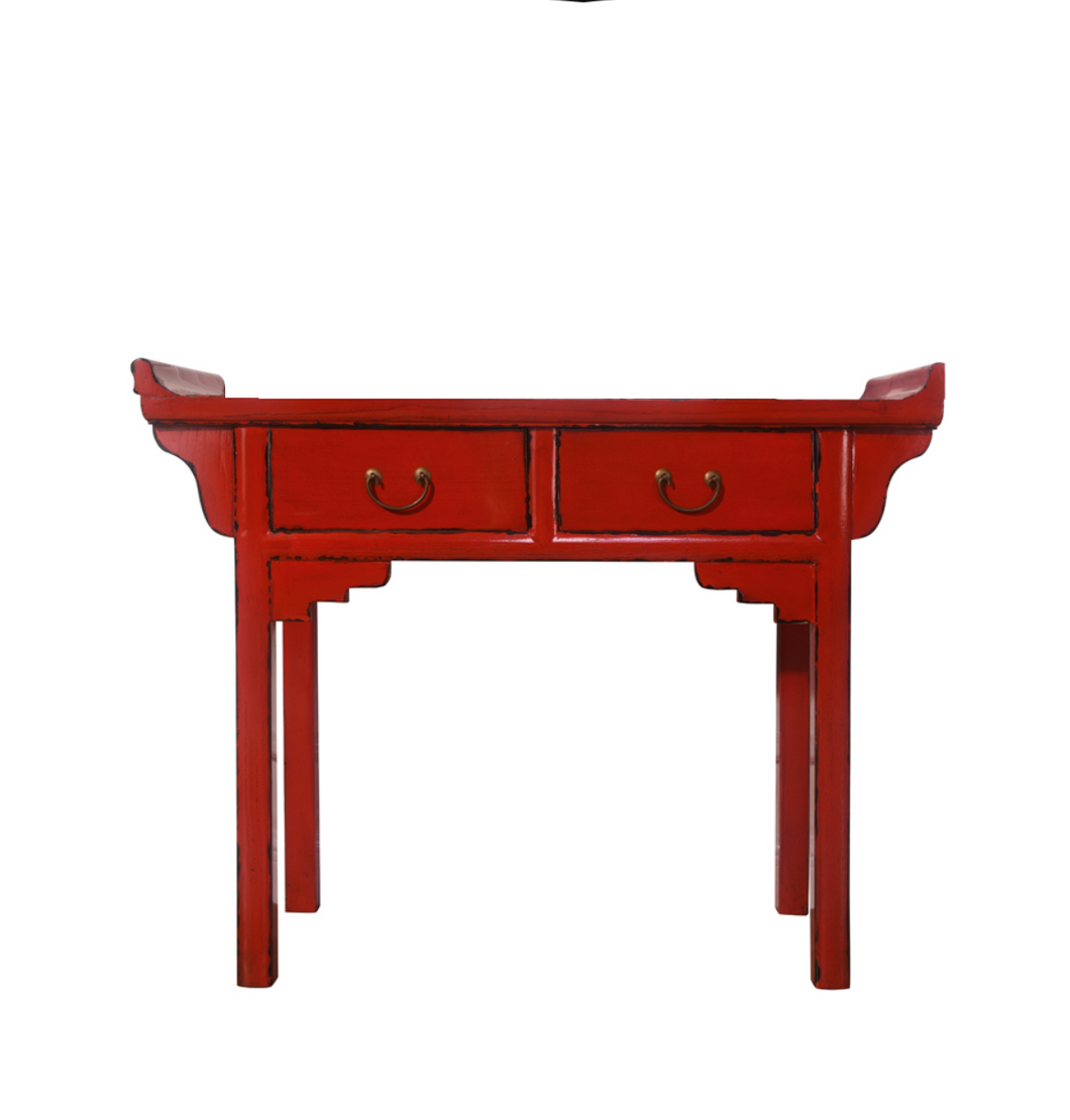Hand Painted Red/Black Lacquer 2 Drawers Console Table