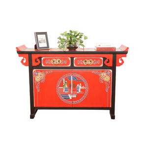Hand Painted Orange/Red Lacquer Small Cabinet