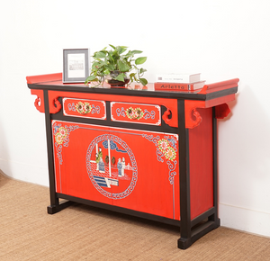 Hand Painted Orange/Red Lacquer Small Cabinet