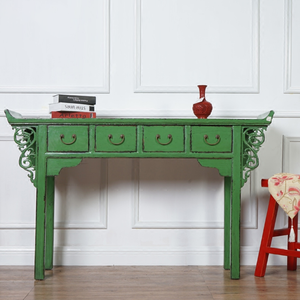 Hand Painted Green Lacquer 4 Drawers Console Table