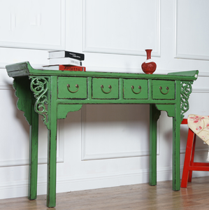 Hand Painted Green Lacquer 4 Drawers Console Table