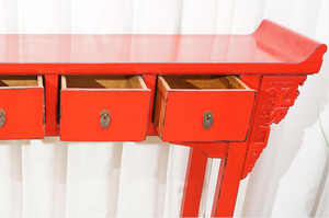 Hand Painted Red Lacquer 4 Drawers Console Table