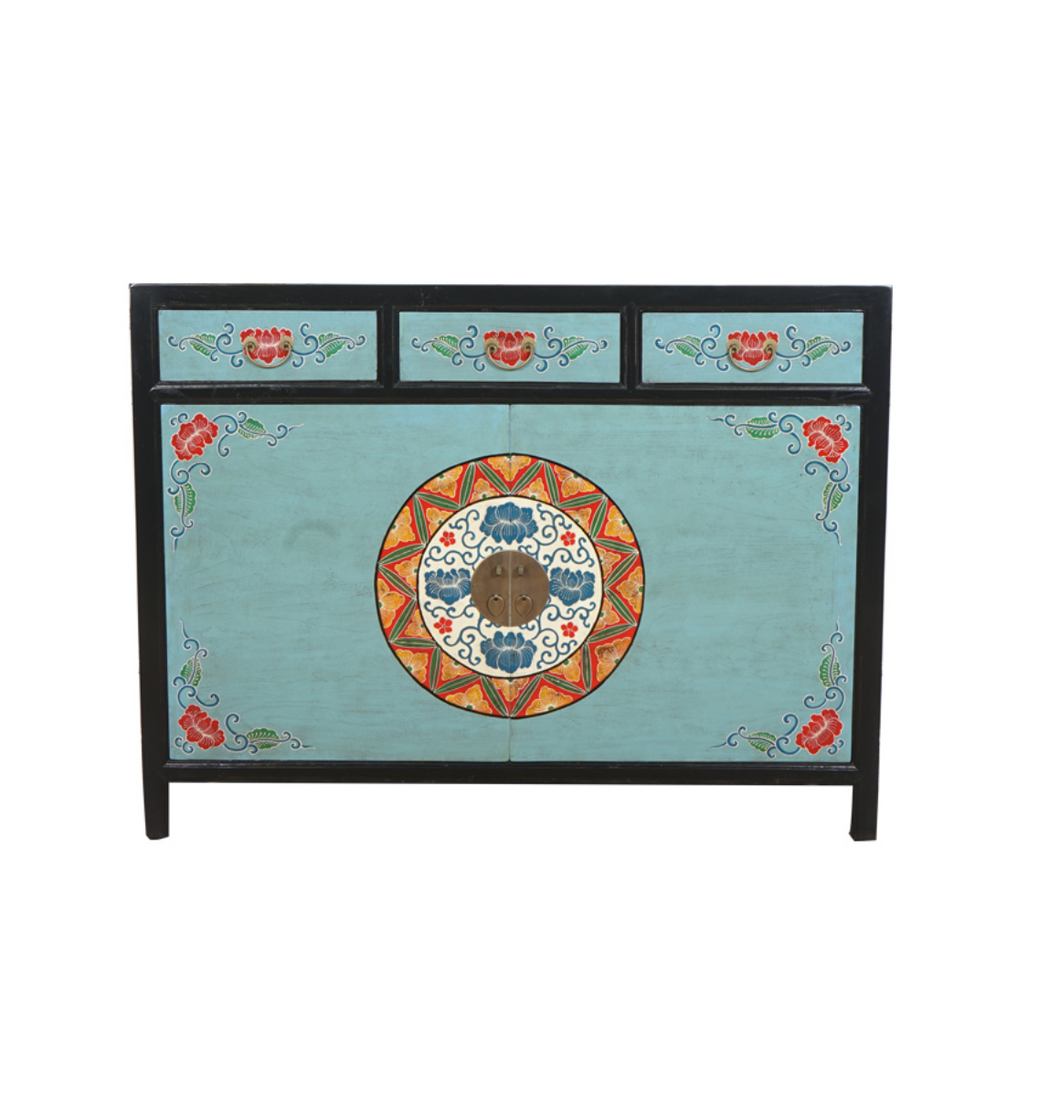 Hand Painted Vintage Style Blue Lacquer Small Cabinet