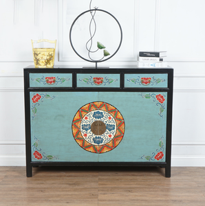 Hand Painted Vintage Style Blue Lacquer Small Cabinet