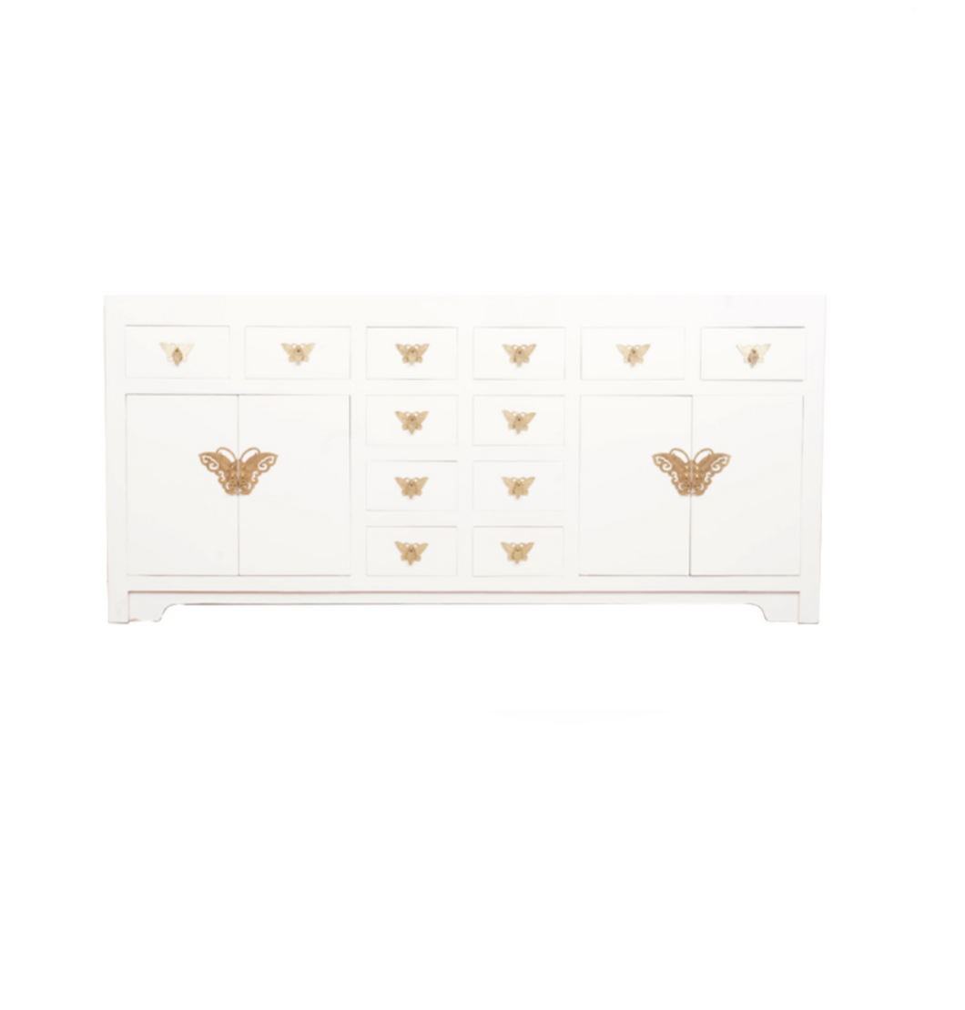 Hand Painted Butterfly White Lacquer Sideboard