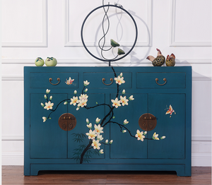Hand Painted Light Yellow/Black/Blue Lacquer Small Cabinet