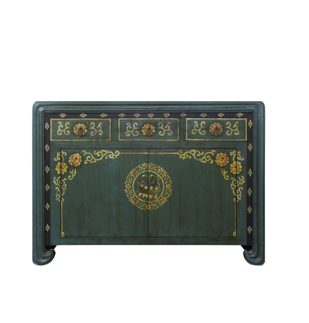 Hand Painted Dark Green Lacquer Small Cabinet