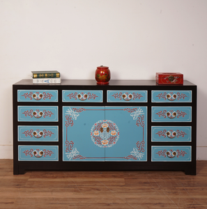 Hand Painted Black Frame Blue Lacquer Sideboard