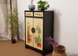 Hand Painted Black Frame Light Yellow Lacquer Small Cabinet