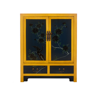 Hand Painted Yellow Frame Dark Blue Lacquer Small Cabinet