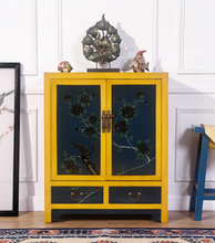 Load image into Gallery viewer, Hand Painted Yellow Frame Dark Blue Lacquer Small Cabinet
