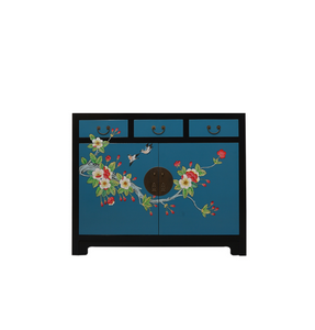 Hand Painted Lotus Black Frame Blue Lacquer Small Cabinet