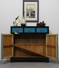 Load image into Gallery viewer, Hand Painted Lotus Black Frame Blue Lacquer Small Cabinet
