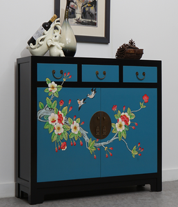 Hand Painted Lotus Black Frame Blue Lacquer Small Cabinet
